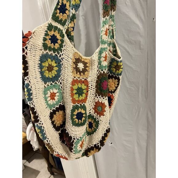 American Flirt Cotton Multicolor Handmade Crochet Granny Square Tote Bag 17x16 - Picture 4 of 8